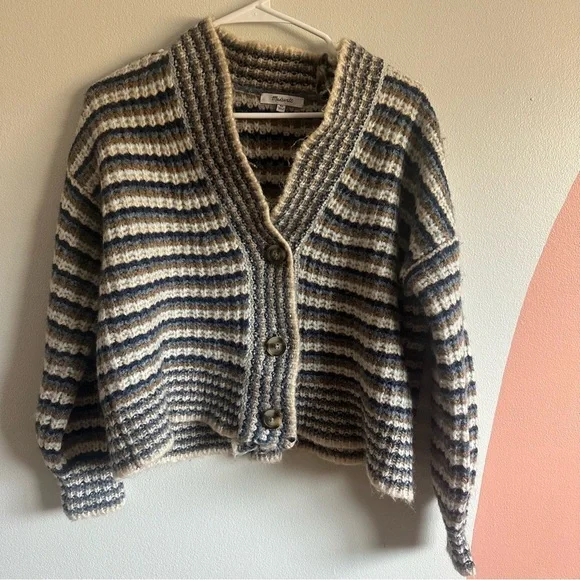 Madewell Waller Crop Cardigan Sweater Stripe Fuzzy Chunky Wool Blend XS - Picture 6 of 10